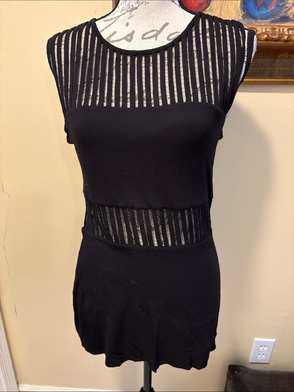 Bailey 44 Black Sleeveless Mesh-Striped Top